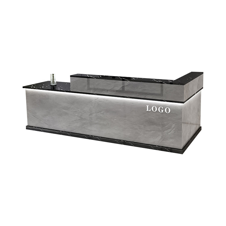 モダン受付カウンター｜L字型デザイン｜エコ素材｜収納付き｜カスタマイズ可能