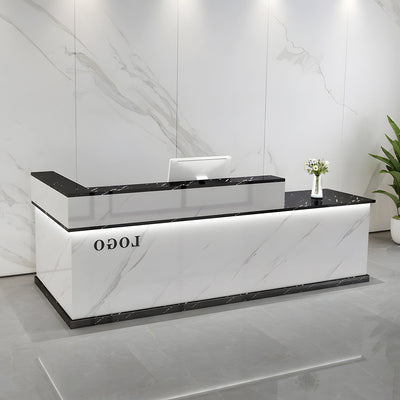 モダン受付カウンター｜L字型デザイン｜エコ素材｜収納付き｜カスタマイズ可能