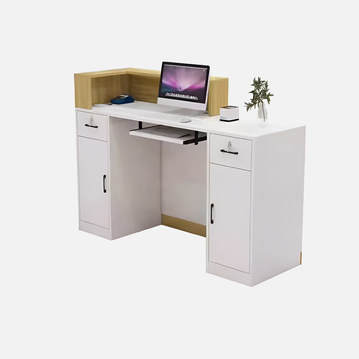 エコ板材　扉付き収納　引き出し　錠付き　上部天板　配線孔　LEDライト　広め　ゆとり　受付カウンター　カウンター　レジ台　すっきり　シンプル　機能的　ホワイト　カスタマイズ可能　