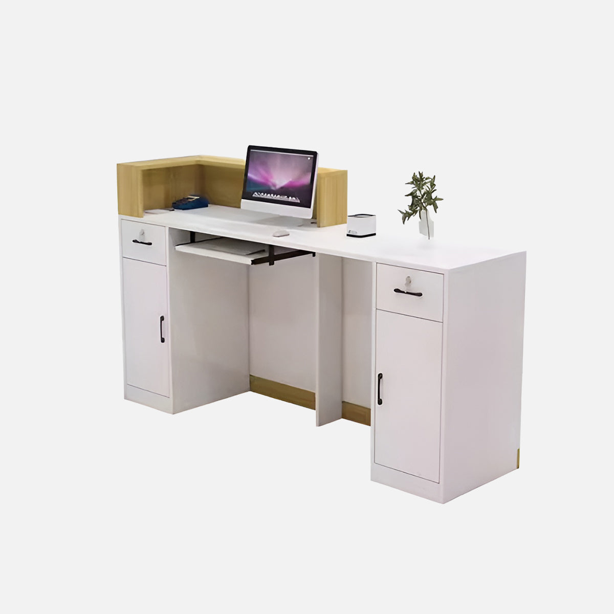 エコ板材　扉付き収納　引き出し　錠付き　上部天板　配線孔　LEDライト　広め　ゆとり　受付カウンター　カウンター　レジ台　すっきり　シンプル　機能的　ホワイト　カスタマイズ可能　