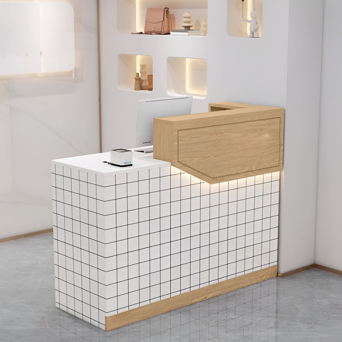 エコ板材　扉付き収納　引き出し　錠付き　上部天板　配線孔　LEDライト　広め　ゆとり　受付カウンター　カウンター　レジ台　すっきり　シンプル　機能的　ホワイト　カスタマイズ可能　