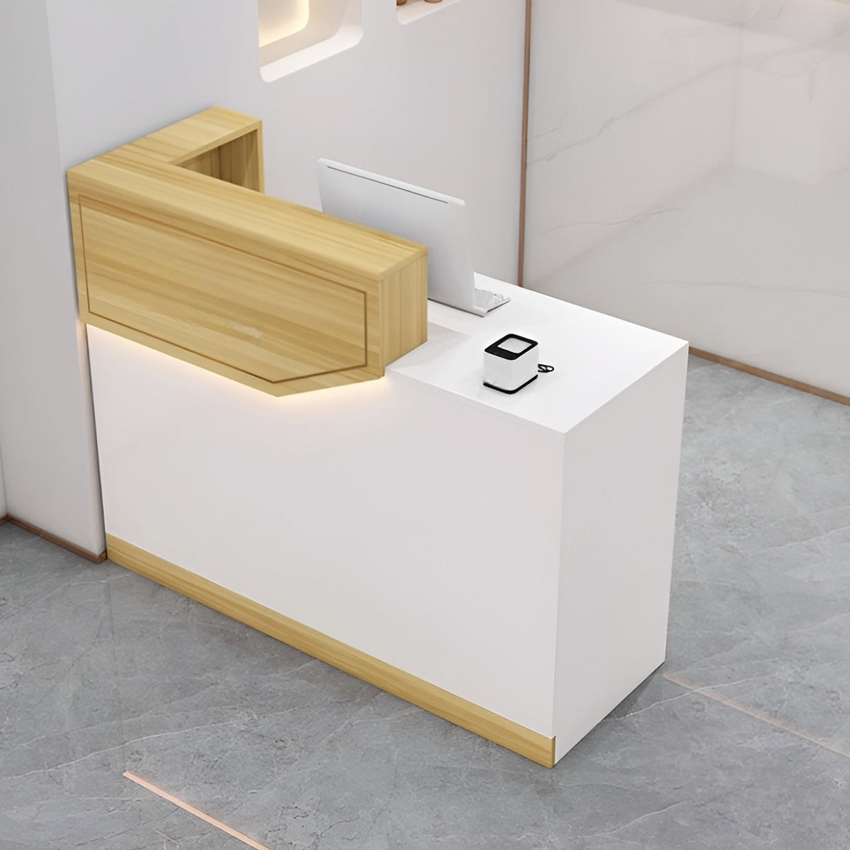 エコ板材　扉付き収納　引き出し　錠付き　上部天板　配線孔　LEDライト　広め　ゆとり　受付カウンター　カウンター　レジ台　すっきり　シンプル　機能的　ホワイト　カスタマイズ可能　