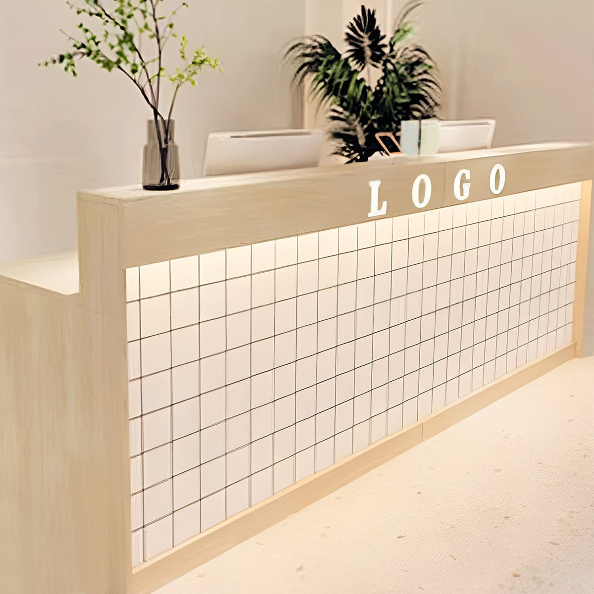 スタイリッシュな受付カウンター｜ナチュラル×メラミン化粧板｜カスタマイズ対応タイプ×サイズ選択可