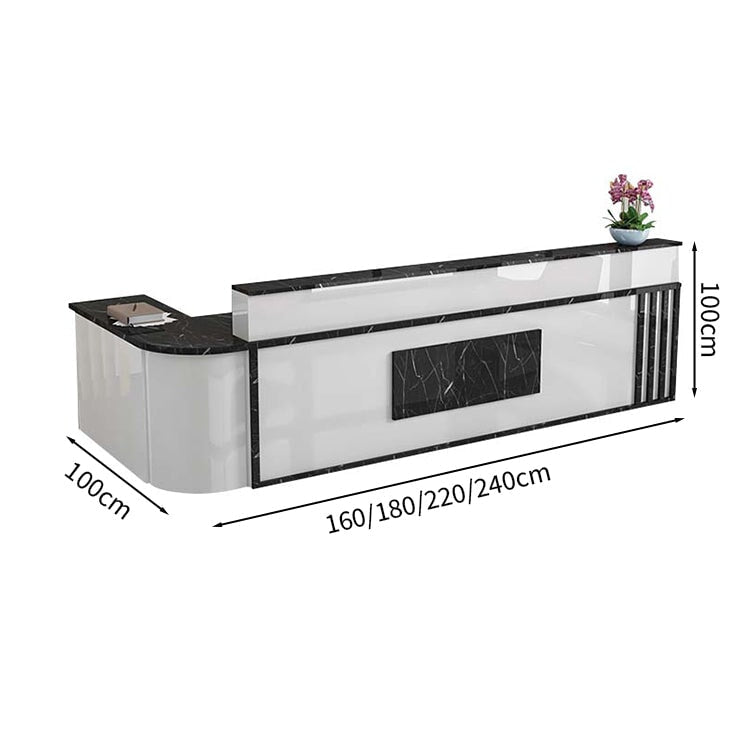 受付カウンター　L字型　ワークトップ　カウンター　マーブル模様　キーボードトレイ付き　錠付き　引出し付き　角丸　ホワイト　カスタマイズ可能　JDT-M-138　