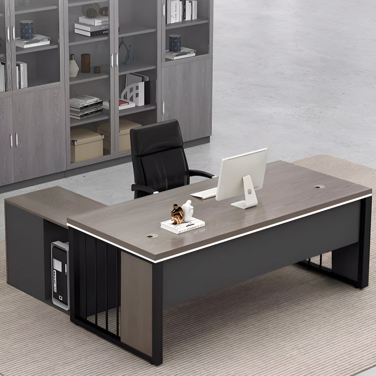 エグゼクティブデスク　オフィス家具　PCデスク　スチール脚　幕板付き　取っ手付き　配線孔付き　シンプルモダン　グレーオーク　ウォルナット　LBZ-K-053   