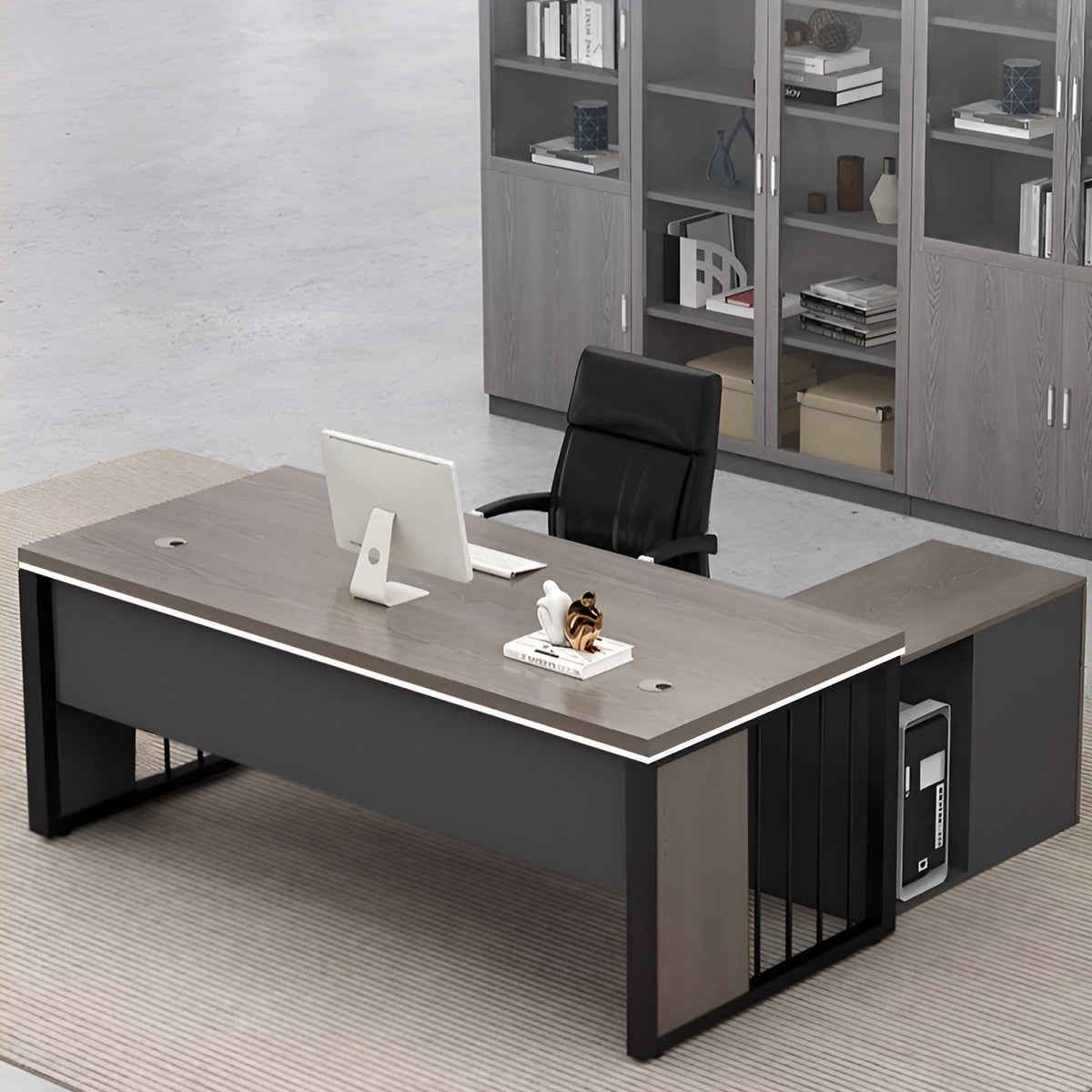 エグゼクティブデスク　オフィス家具　PCデスク　スチール脚　幕板付き　取っ手付き　配線孔付き　シンプルモダン　グレーオーク　ウォルナット　LBZ-K-053   