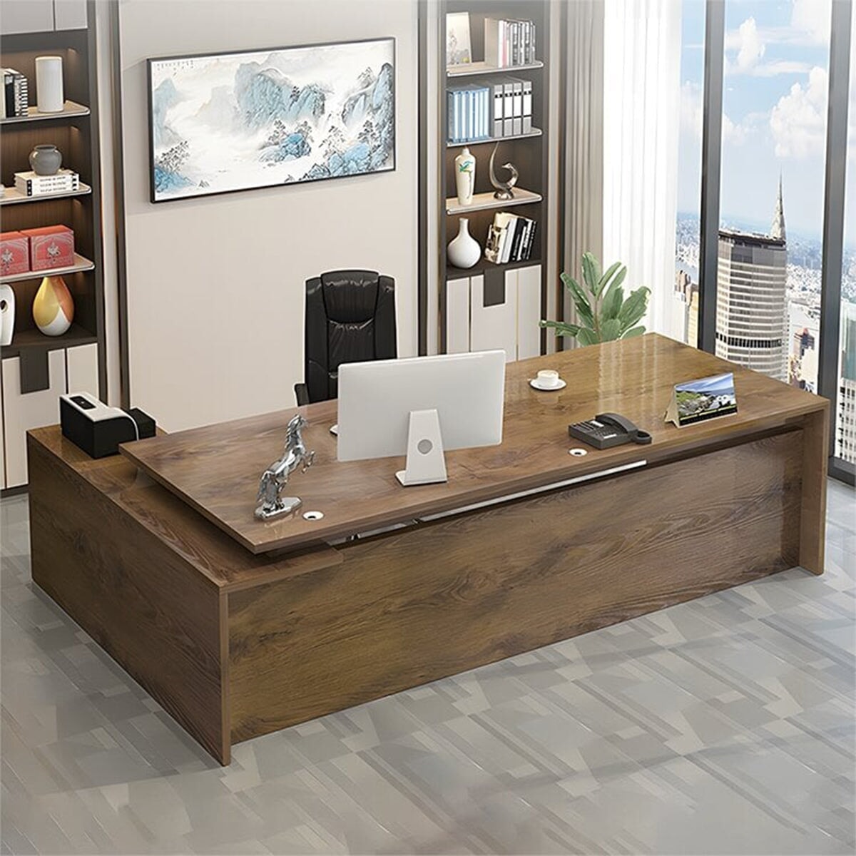 エグゼクティブデスク　社長机　ワークデスク　木目調　扉付き　プリンター収納　配線孔付き　広い天板　シンプル　ブラック　   