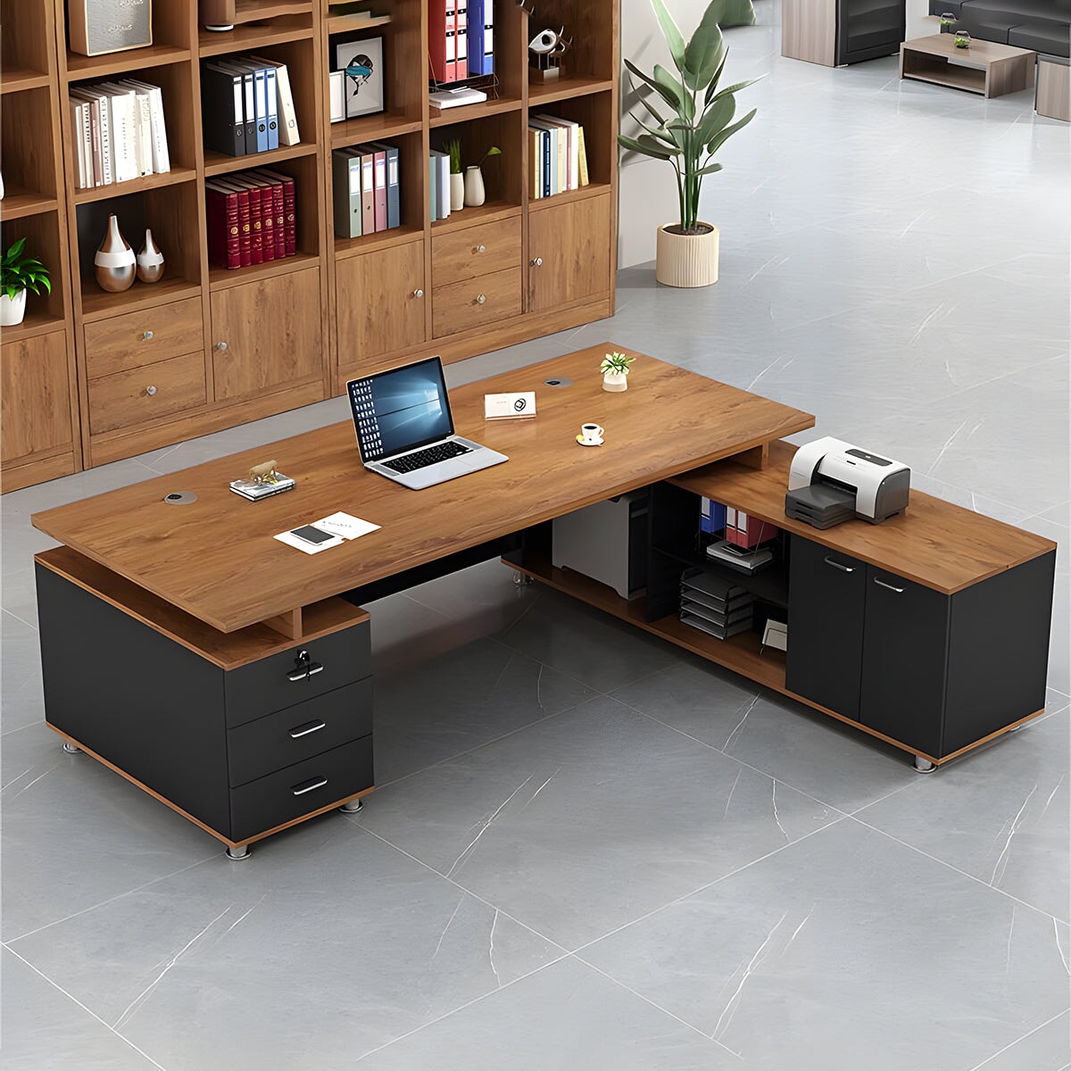 ワークデスク　オフィスデスク　重役デスク　L字デスク　木目調　大容量収納　キャビネット付き　幕板付き　鍵付き　ブラック　カスタマイズ可能　LBZ-M-082　