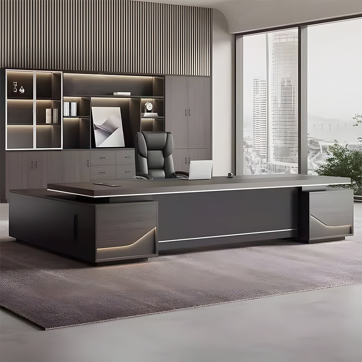 Ｌ字　幅広　分厚い天板　キャビネット　大容量　配線ボックス　通気孔　ＬＥＤライト　デスク　役員デスク　エグゼクティブ　重厚　上質　機能的　カスタマイズ可能　LBZ-C062　