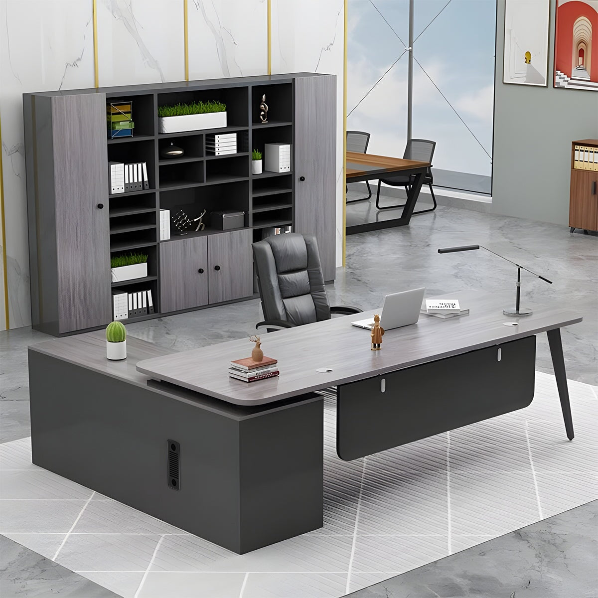 広い天板　キャビネット　大容量　スチールフレーム　幕板　プライバシー配慮　配線穴キャップ　デスク　役員デスク　エグゼクティブ　落ち着き　木目調　機能性　カスタマイズ可能　LBZ-C064　  