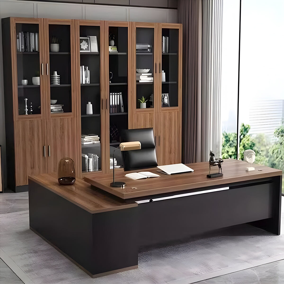 役員室用　社長室用　配線穴付き　?字　サイドキャビネット付き　幕板付き　プレジデントデスク　パソコンデスク　事務机　エグゼクティブデスク　おしゃれ　木目調　LBZ-C070　  
