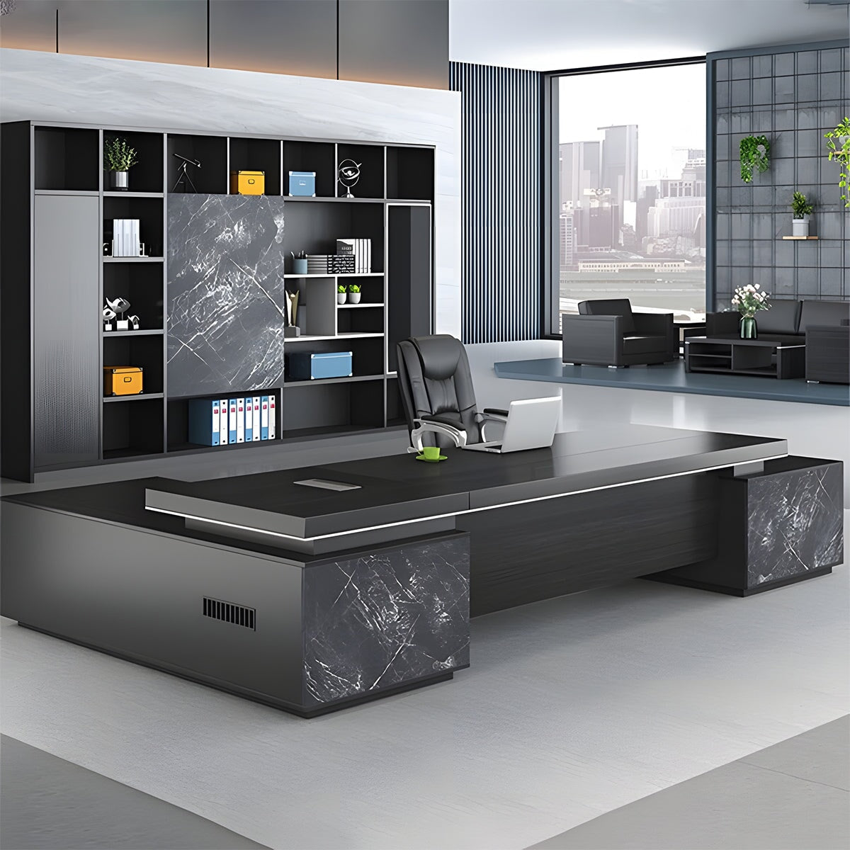 収納棚　?収納　マーブル模様　配線穴ボークス　エグゼクティブデスク　役員デスク　オフィスデスク　パソコンデスク　ブラック　カスタマイズ可能　LBZ-C122　