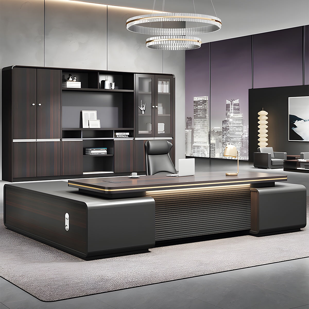 オフィスデスク　ワークデスク　エグゼクティブデスク　社長デスク　サイドキャビネット　コンセント　幕板　鍵付き引き出し　ダークグレー　カスタマイズ可能　LBZ-K017 -  