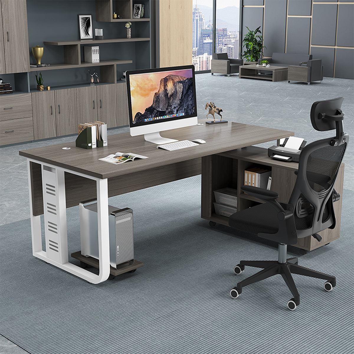 キャビネット　大容量　移動可能　幕板　安定性　デスク　ワークデスク　エグゼクティブ　配線穴キャップ　シンプル　木目調　機能的　ウォールナット　カスタマイズ可能　LBZ-K019