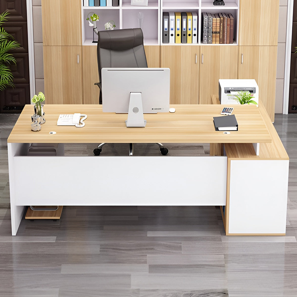 エコ板材　厚み　頑丈　サイドキャビネット　大容量　分類収納　幕板　安定性　広め　ゆとり　デスク　エグゼクティブ　役員デスク　シンプル　洗練　機能性　ナチュラル　ホワイト　LBZ-K025