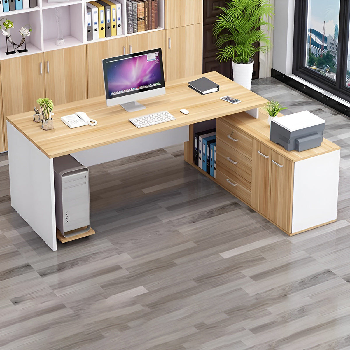 エコ板材　厚み　頑丈　サイドキャビネット　大容量　分類収納　幕板　安定性　広め　ゆとり　デスク　エグゼクティブ　役員デスク　シンプル　洗練　機能性　ナチュラル　ホワイト　LBZ-K025