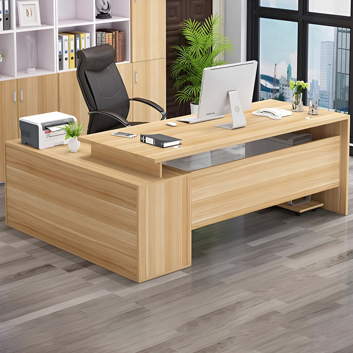 エコ板材　厚み　頑丈　サイドキャビネット　大容量　分類収納　幕板　安定性　広め　ゆとり　デスク　エグゼクティブ　役員デスク　シンプル　洗練　機能性　ナチュラル　ホワイト　LBZ-K025