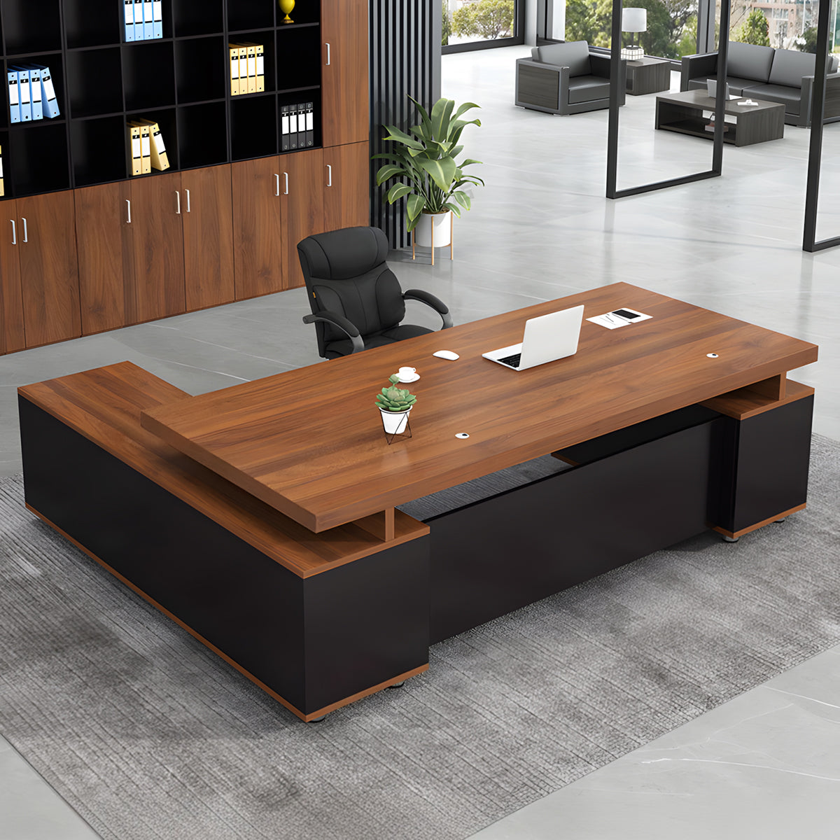 L字型エグゼクティブデスク（メラミン化粧板製）– シンプルで洗練されたオフィス空間の実現