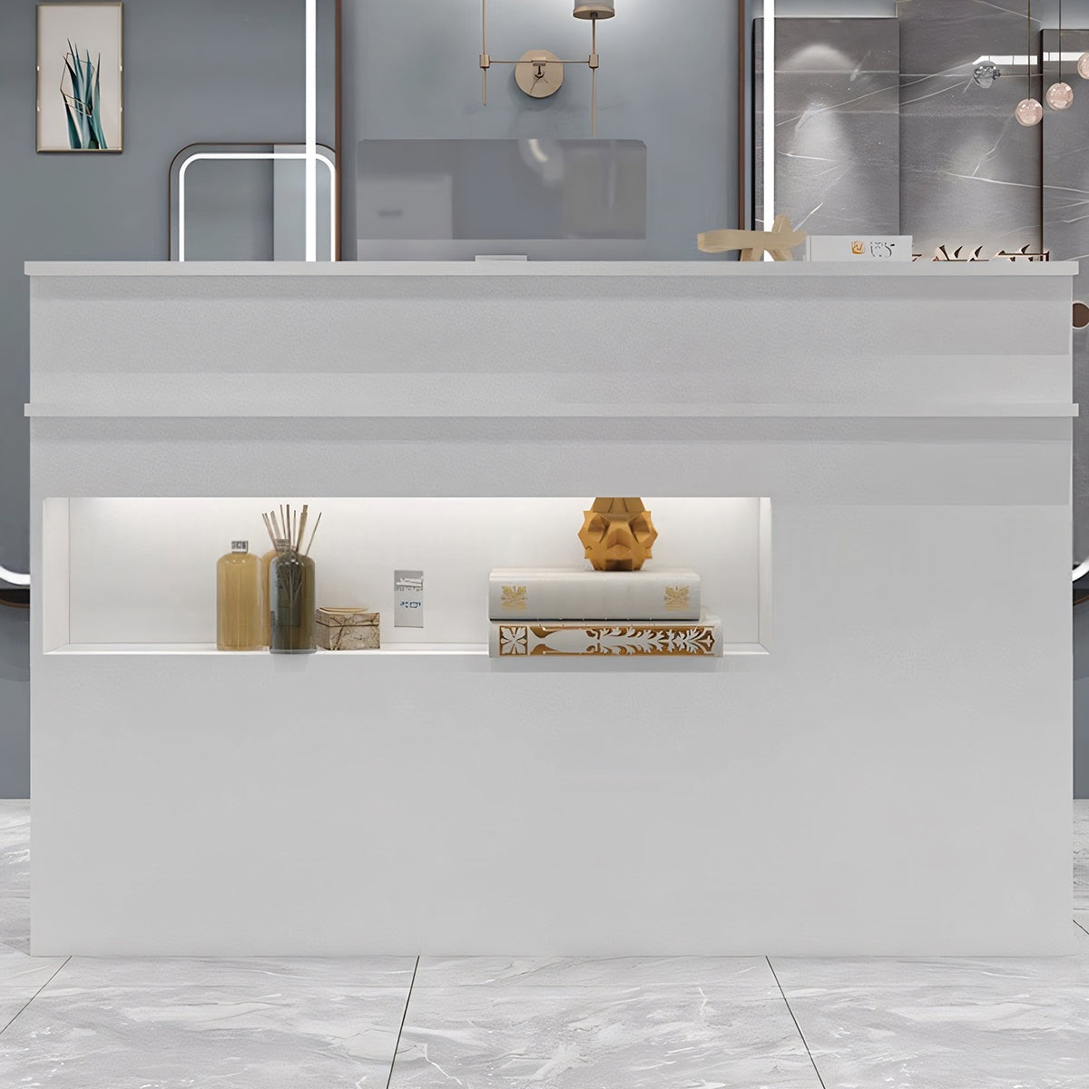 エコ素材受付カウンター｜メラミン木製×シンプルモダン｜ロゴカスタマイズ対応