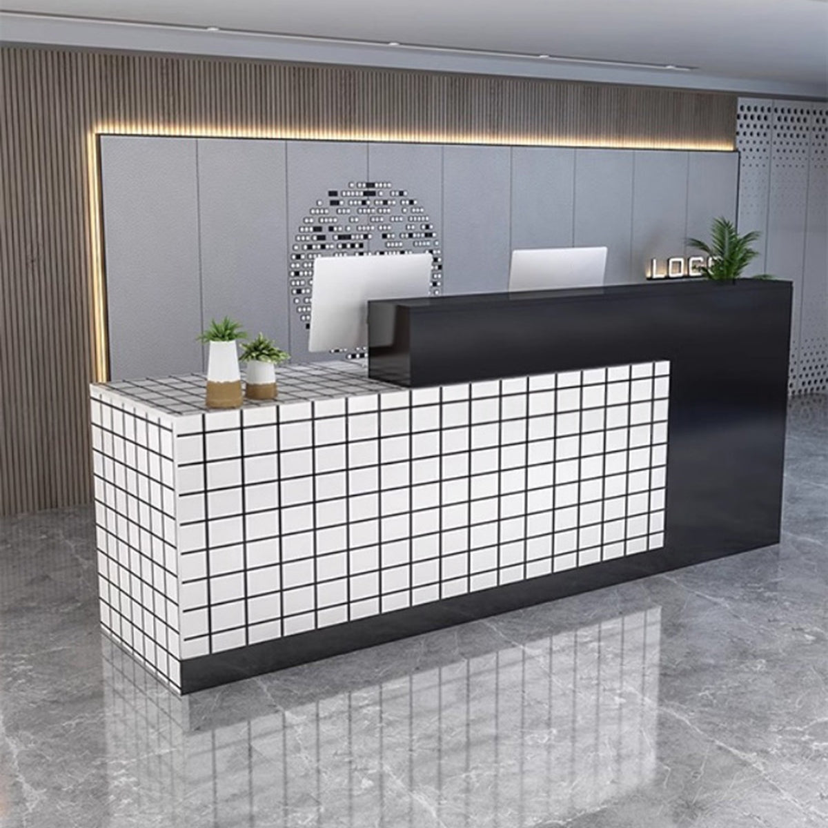 マーブル調 鍵付きレジカウンター｜引き出し付き 広々作業天板 カスタマイズ可能