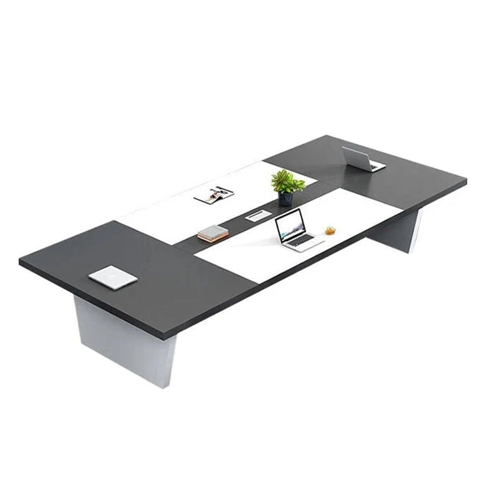 厚天板×バイカラー×台形脚｜安定性と洗練を兼ね備えた天然木調会議テーブル（配線孔付き×カスタム対応）