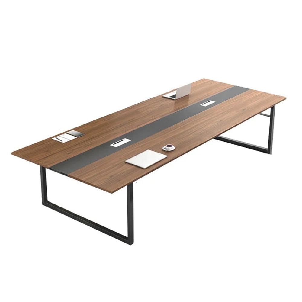 配線ボックス付き×スチール脚の高耐久ミーティングテーブル（木目調）
