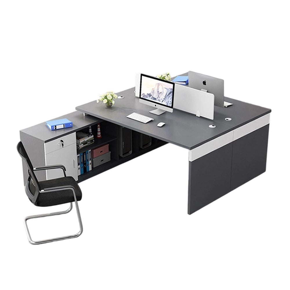 L字型モダンワークデスク｜幕板付き × 錠付きキャビネット × 木目調メラミン天板