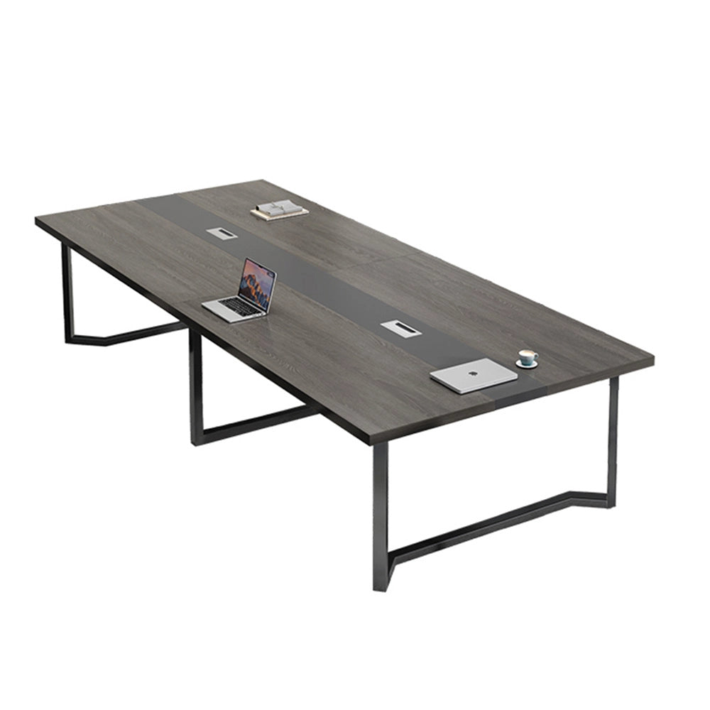 どっしりシンプル｜配線ボックス付き会議テーブル｜木目調×スチール脚×カスタマイズ対応