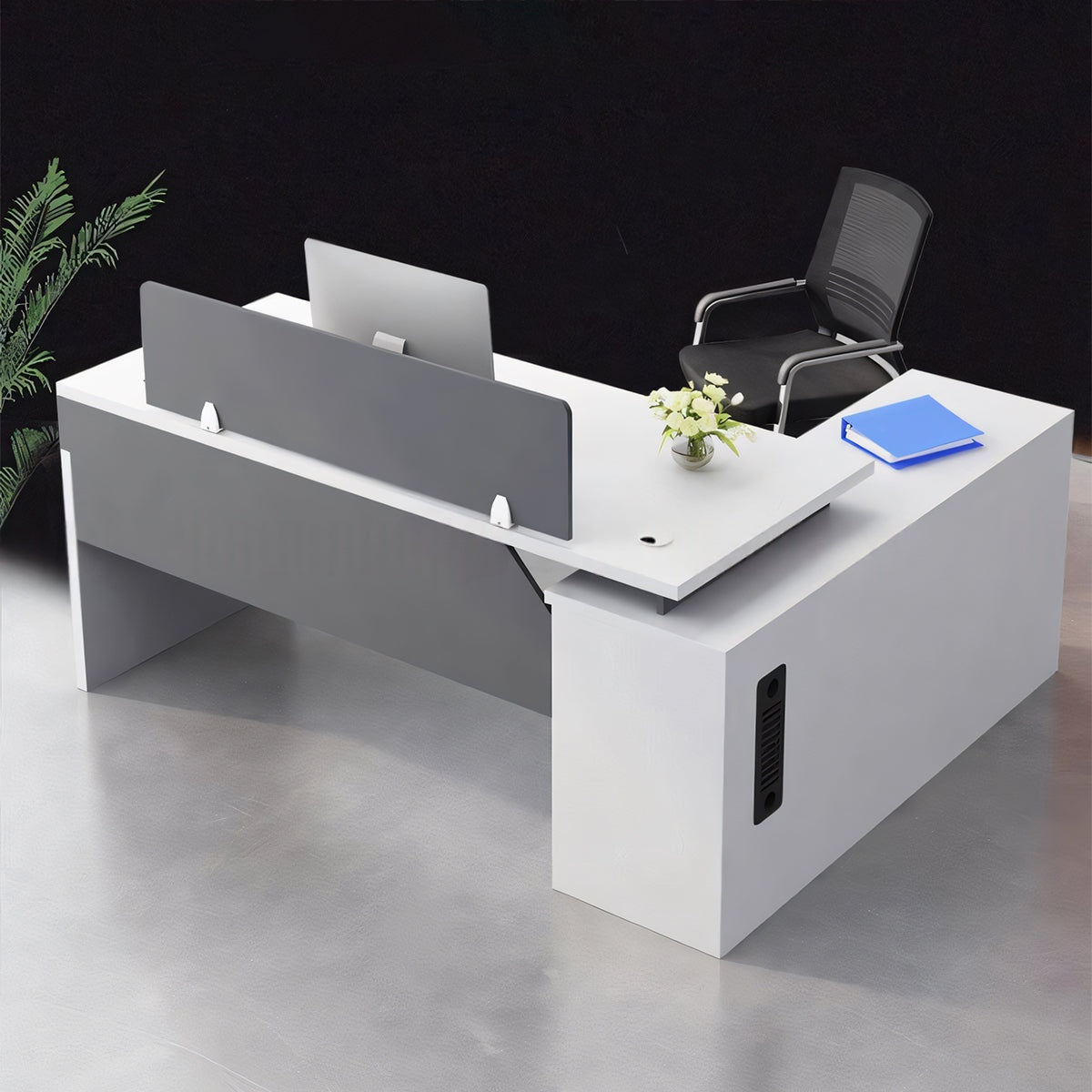 収納力抜群のL字型オフィスデスク（メラミン化粧板製）– 高いセキュリティと集中できる作業空間