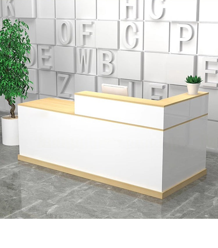 鏡面仕上げのL字型受付カウンター（メラミン化粧板製）– 高耐久性と優れた収納力