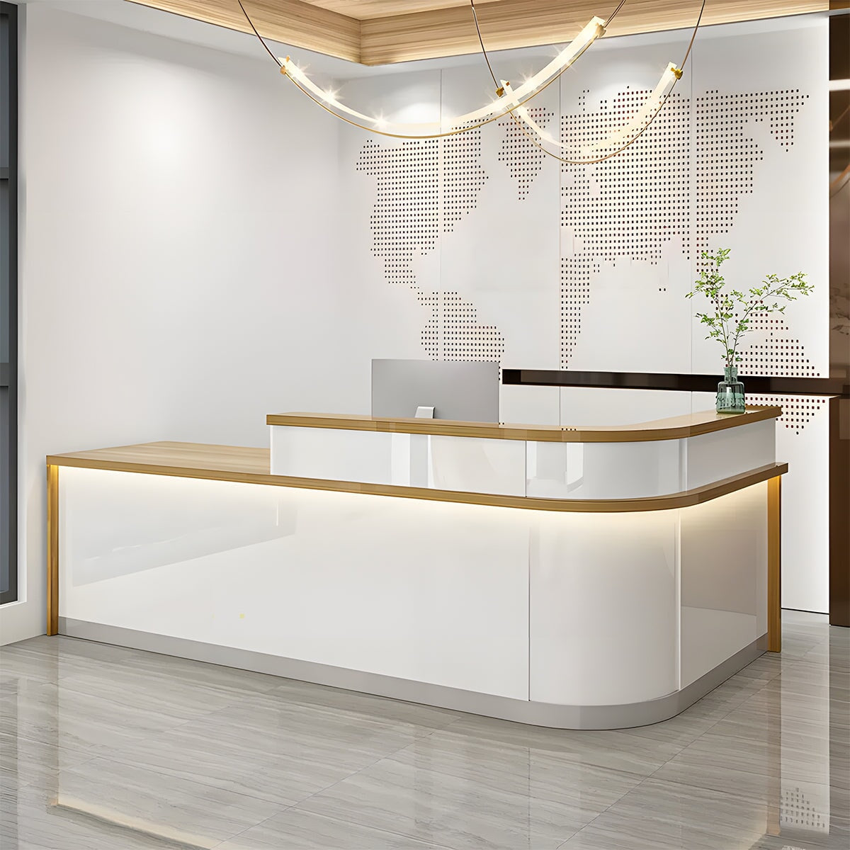 シンプルモダンな受付カウンター｜L字型デザイン｜エコ板材｜広々
