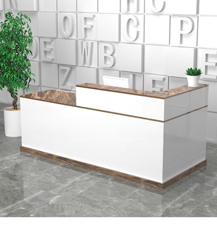 鏡面仕上げのL字型受付カウンター（メラミン化粧板製）– 高耐久性と優れた収納力