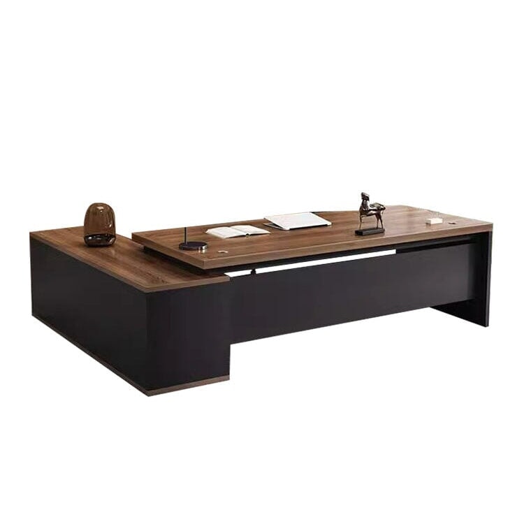L字型エグゼクティブデスク（幕板×サイドキャビネット×配線穴付き）｜木目調×ブラックデザイン｜社長室×役員室向け